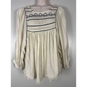 Free People Cream Embroidered Peasant Blouse Top Fringe Tassel Boho Size M
